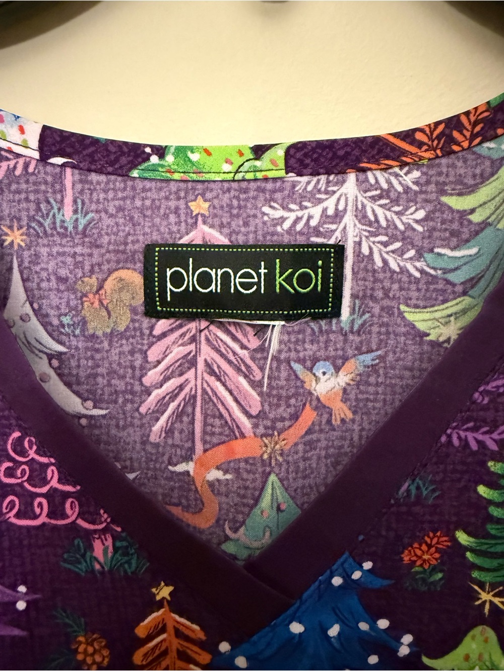 Planet Koi Purple Holiday Tree Print Scrub Top - Picture 3 of 3
